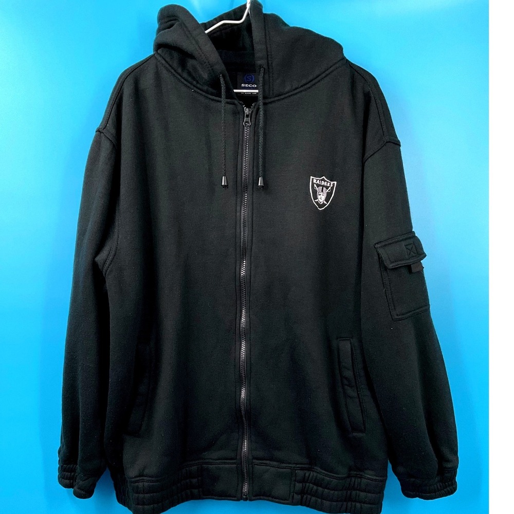 SECO Jeans Raiders Full Zip Hoodie Jacket Large Black Embroidered Y2K NFL